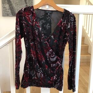 Karen Kane velvet burnout wrap top floral scroll